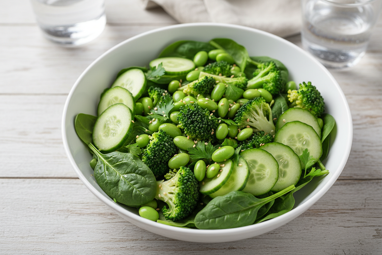 green salad with chopped broccoli, spinach, edamame, cucumber