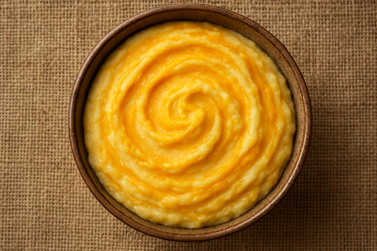 Image 1800 x 1800 of a bowl of potato and pumpkin mash from above with a hessian background