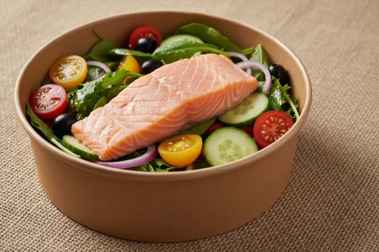 Piece of poached salmon on a mediterranean salad in a takeaway brown round container with a hessian background