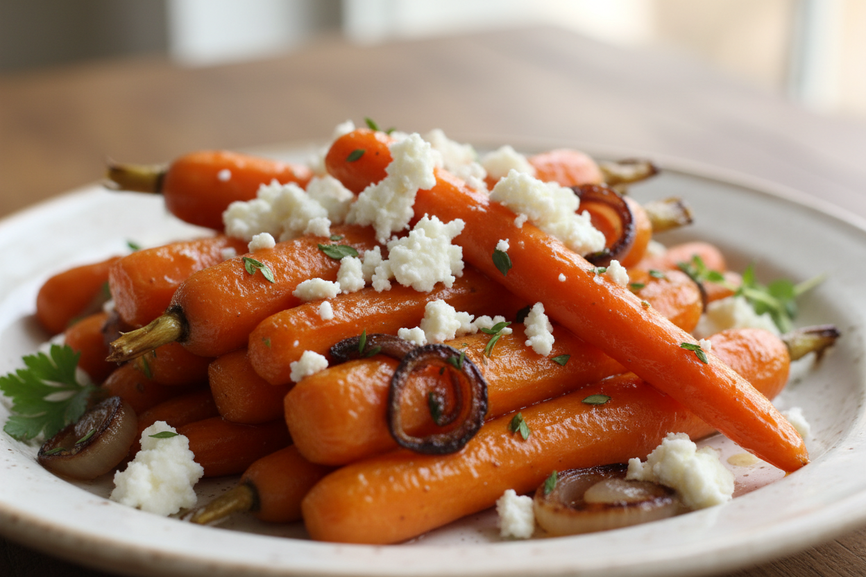 Roasted carrot batons with shiny glaze, crumbled feta and pieces of roasted onion