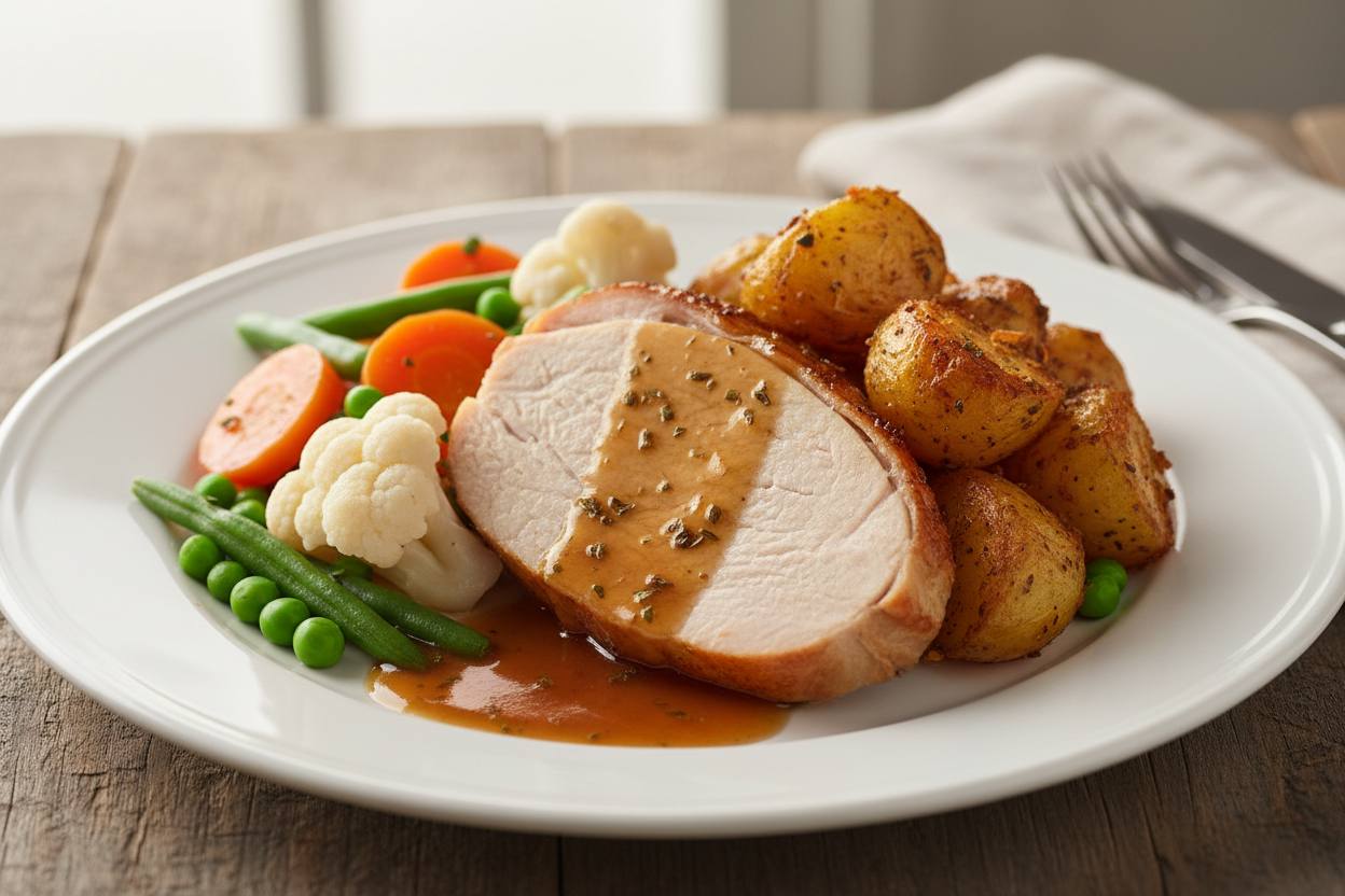 Single serve roast turkey with roast potato, cauliflower, carrots, peas, beans, jus on a plate