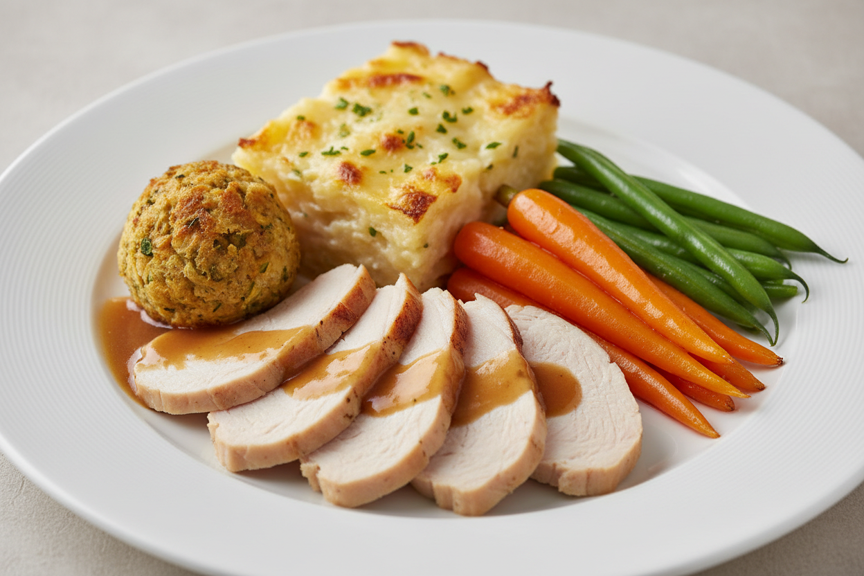 slice of turkey, potato gratin, carrots, beans, stuffing ball