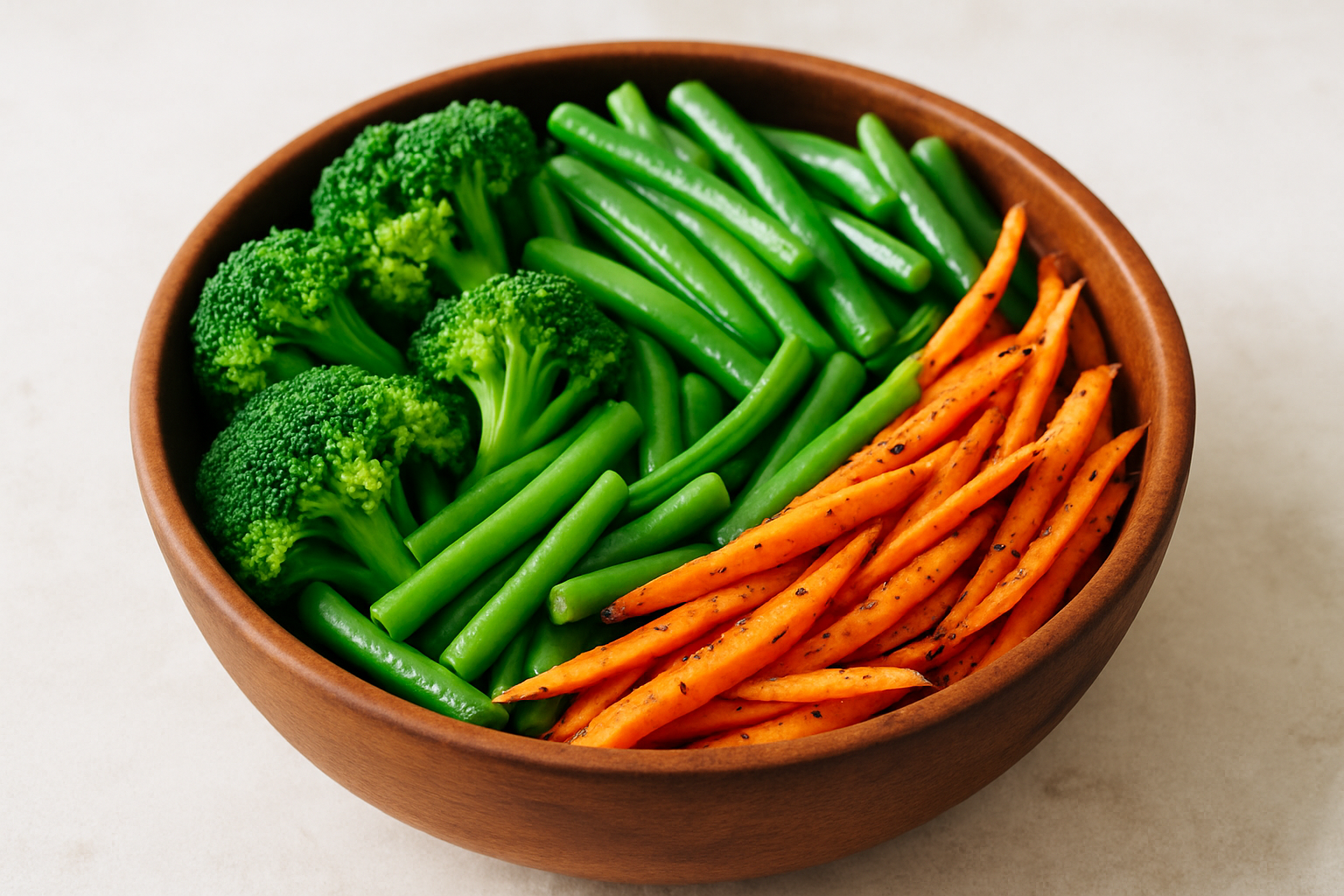 broccoli, cut beans, roasted julienne carrot in a bowl
