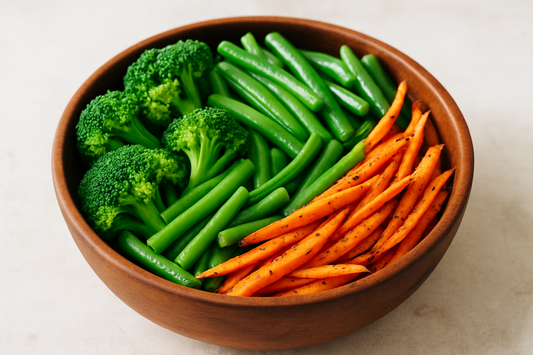 broccoli, cut beans, roasted julienne carrot in a bowl