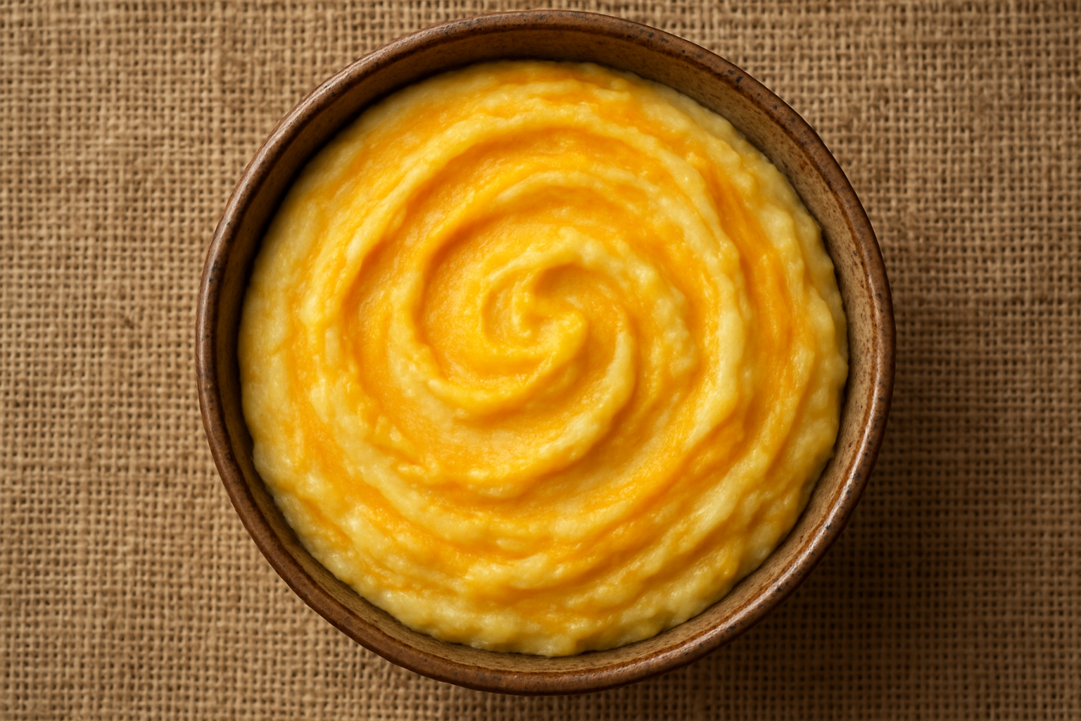 Image 1800 x 1800 of a bowl of potato and pumpkin mash from above with a hessian background