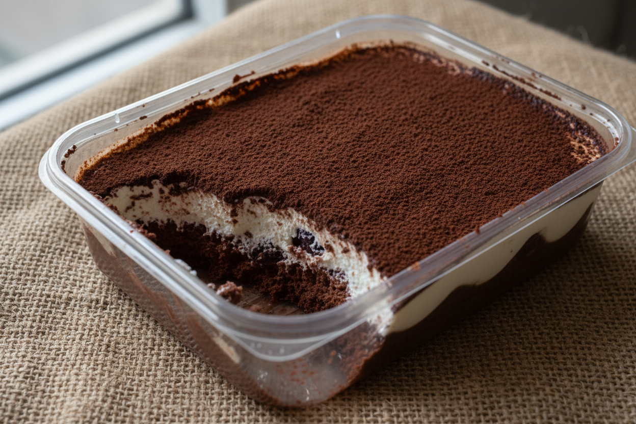 partly eaten black forest mouse cake cocoa dusted in a plastic container with hessian background