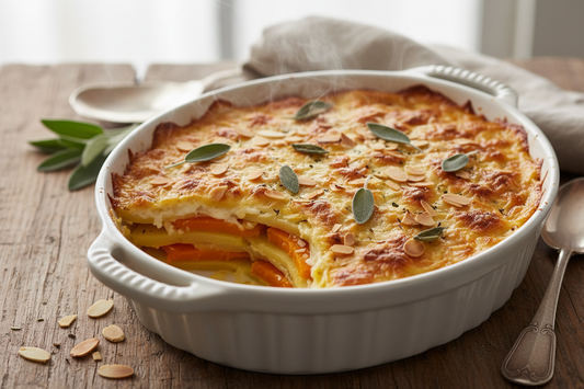 potato and pumpkin gratin with sage and almonds