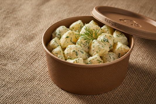 potato salad with dill mayo in a round brown recycle container with hessian background