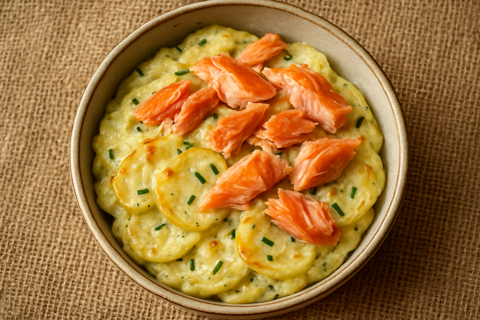 Sour Cream and chive potato bake with hot smoked salmon in the bowl with a hessian background