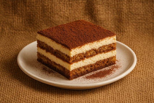 tiramisu on a place with a hessian background